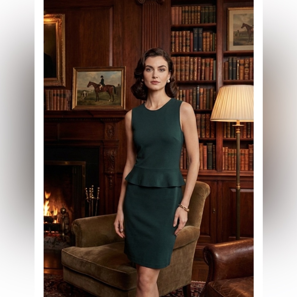 Theory Dellera Dark Green Sleeveless Peplum Sheath Dress 12 Minimalist Workwear